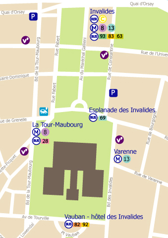 plan des alentours de l'hotel national des Invalides indiquant les stations de metro, bus et velib à proximité
