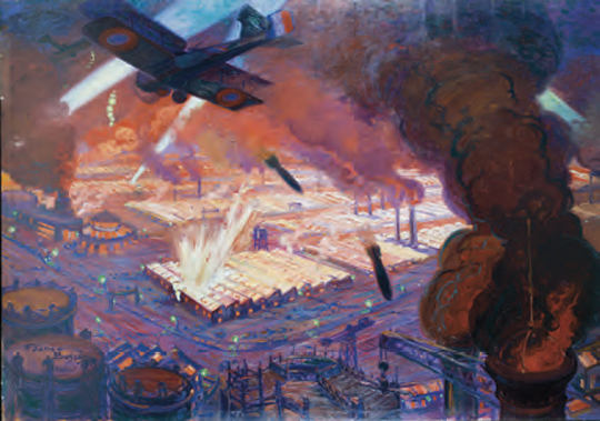 peinture de Busset représentant le bombardement de Ludwigshafenz