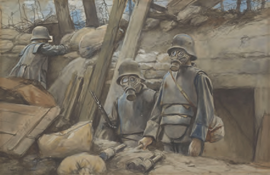 peinture de deux allemands dans une tranchée équipés de cuirasses par Flameng