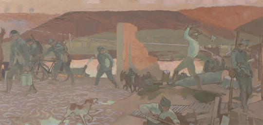 peinture de Denis représentant les hommes sur la premiere ligne s'occupants de taches de la vie quotidienne