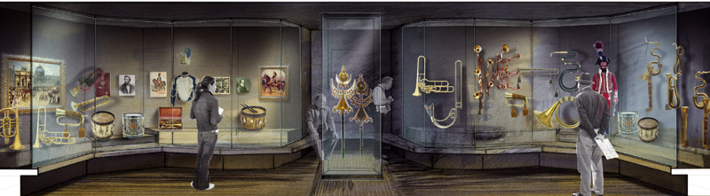 Photo montage des futures salle d'exposition consacrées aux instruments de musique