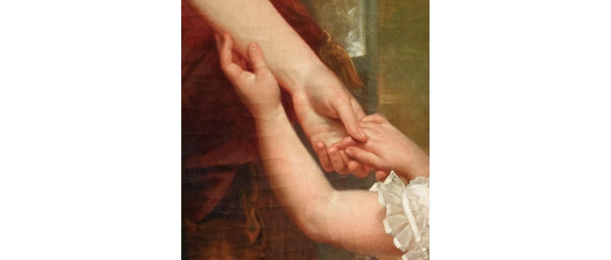 Détail des mains de Charlotte-Joséphine tenant celle de sa mère, Joséphine d'Aiguillon, Collection particulière.