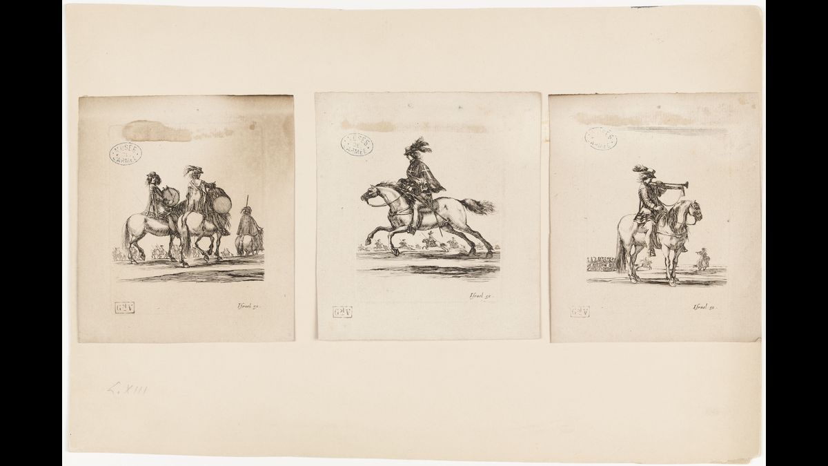 Cavaliers et musiciens des mousquetaires. Stefano dellaBella, "Divers exercices de cavalerie", eaux-fortes, vers 1640-1646. (C) Paris - Musée de l'Armée, Dist. RMN-Grand Palais / Emilie Cambier