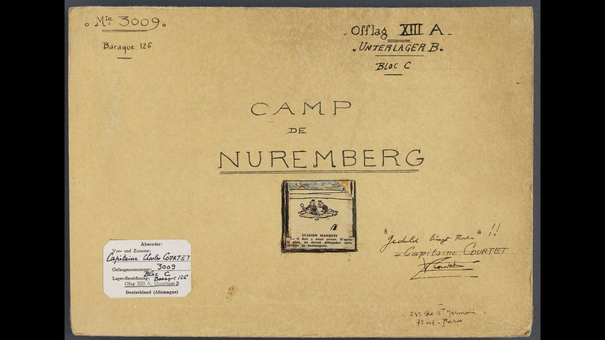 Charles Courtet, Captivité. Camp de Nuremberg, 1940-1941. Capturé le 24 juin 1940 à Saint-Dié (Vosges), le capitaine Courtet est transféré au camp de Neuf-Brisach en juillet puis à l’Oflag XIII A, à Nuremberg. Il livre dans ce carnet un aperçu du camp, de son organisation spatiale ainsi que des activités des prisonniers. © Paris - Musée de l'Armée, Dist. RMN-Grand Palais / Philippe Fuzeau