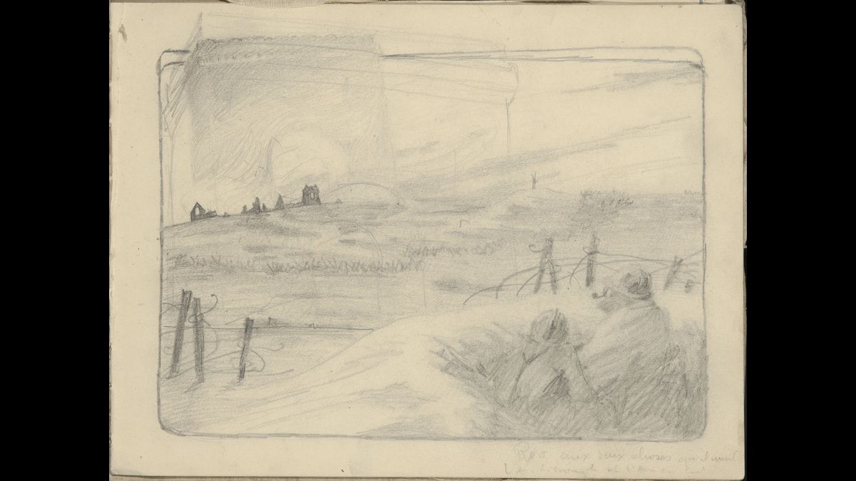 "Rêve aux deux choses qu’il mérite : l’Arc de Triomphe et l’Arc en ciel", Carnet de dessins, croquis pour le journal de tranchée Le Gafouilleur, 1916-1917 (C) Paris - Musée de l'Armée, Dist. RMN-Grand Palais / image musée de l'Armée