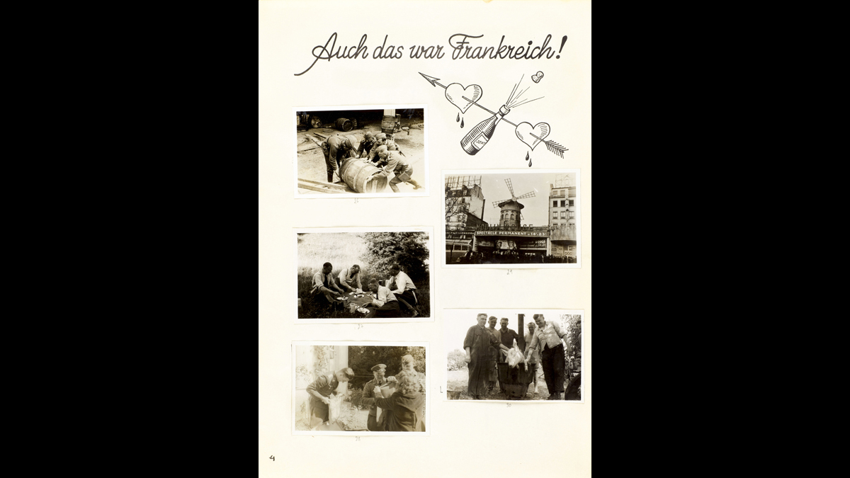 Journal de marche illustré  - Alimenté entre 1940 et 1943 par l’Oberleutnant Pause du 9e régiment de DCA (défense contre aéronefs) de la Légion Condor, force aérienne formée de six mille volontaires issus d’effectifs de la Luftwaffe. Elle combat aux côtés des franquistes et bombarde la ville de Guernica le 26 avril 1937, participe à la campagne de France, et après l’armistice, le régiment visite Paris avant de repartir à Berlin./ Paris, musée de l’Armée, inv. 2001.35.1 © Paris - Musée de l'Armée, Dist. RMN-Grand Palais / Anne-Sylvaine Marre-Noël