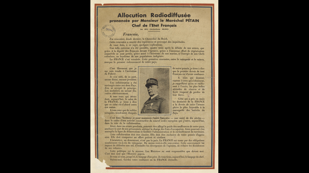 Allocution radiodiffusée prononcée par Monsieur le Maréchal Pétain, Chef de l'Etat Français, 30 octobre 1940 / Paris - Musée de l'Armée, inv. 14994 © Paris - Musée de l'Armée, Dist. RMN-Grand Palais / Emilie Cambier