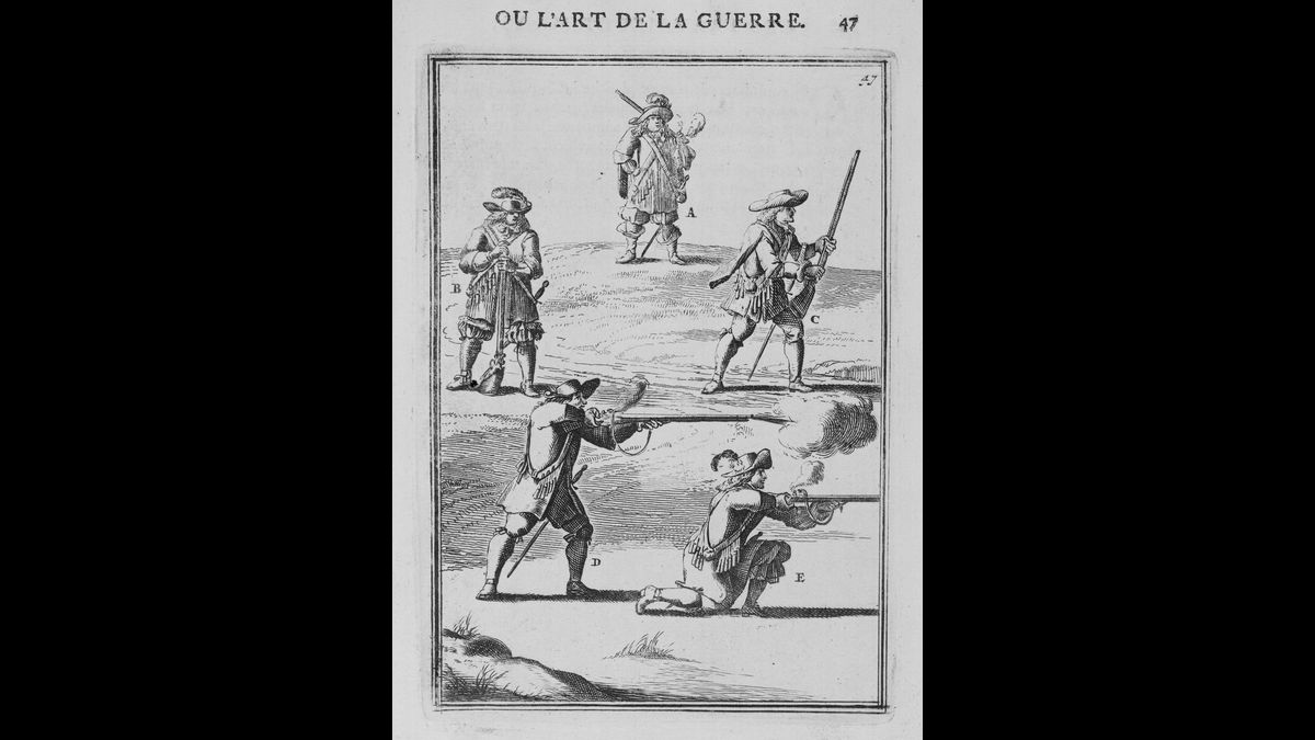 "Des Mousquetaires",  page 47 du tome III du "Les Travaux de Mars ou l'Art de la guerre, divisé en trois parties" Gravée vers 1684-1685. (C) Paris - Musée de l'Armée, Dist. RMN-Grand Palais / image musée de l'Armée