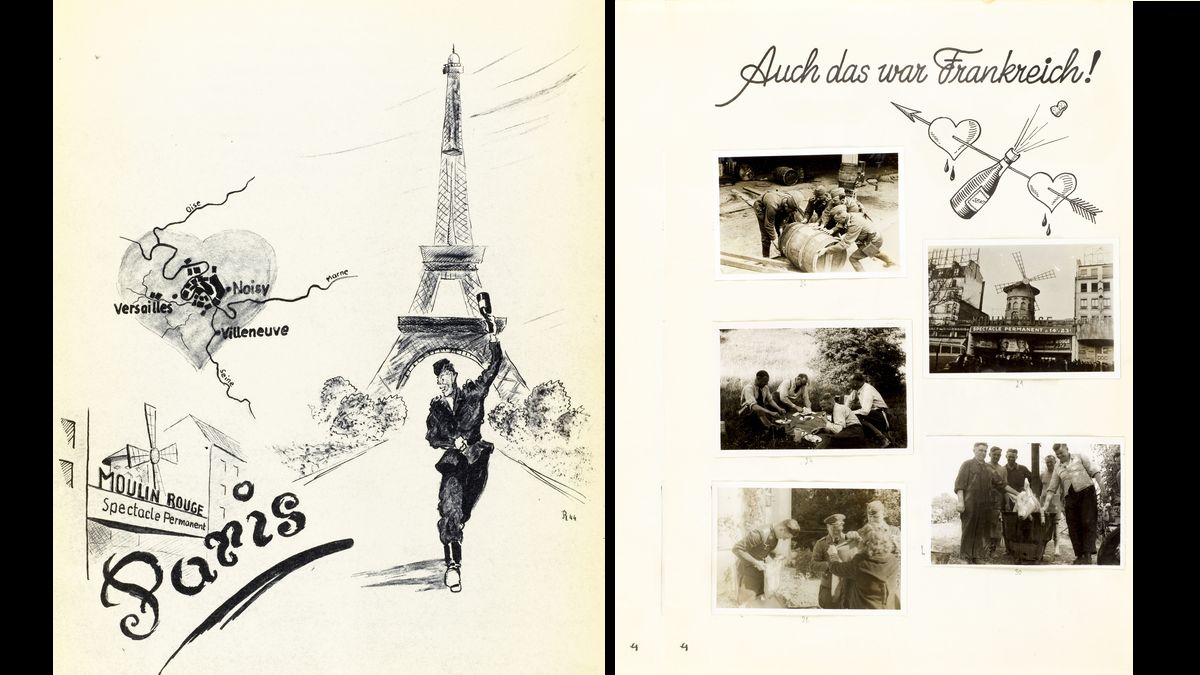 Journal de marche illustré du I. Flackregiment « Légion Condor » no 9.  La Légion Condor, combat, durant la guerre civile espagnole, aux côtés des franquistes ; elle bombarde la ville de Guernica le 26 avril 1937. En 1940, elle participe à la campagne de France avant de stationner dans le sud de Paris après la signature de l’armistice. Les soldats en profitent pour visiter la capitale avant de repartir à Berlin. © Paris - Musée de l'Armée, Dist. RMN-Grand Palais / Anne-Sylvaine Marre-Noël