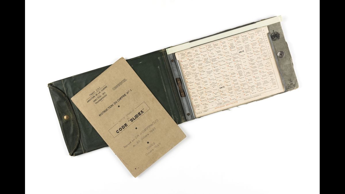 Notice d’emploi du code « Slidex »  avec housse, réglette en celluloïd et cartes de code. Ce système, créé pr les Britanniques pendant la Seconde Guerre mondiale, permet de transmettre facilement et paidement des messages tactiques à court terme.DGSE - Ministère de la Défense © Paris - Musée de l'Armée, Dist. RMN-Grand Palais / Emilie Cambier