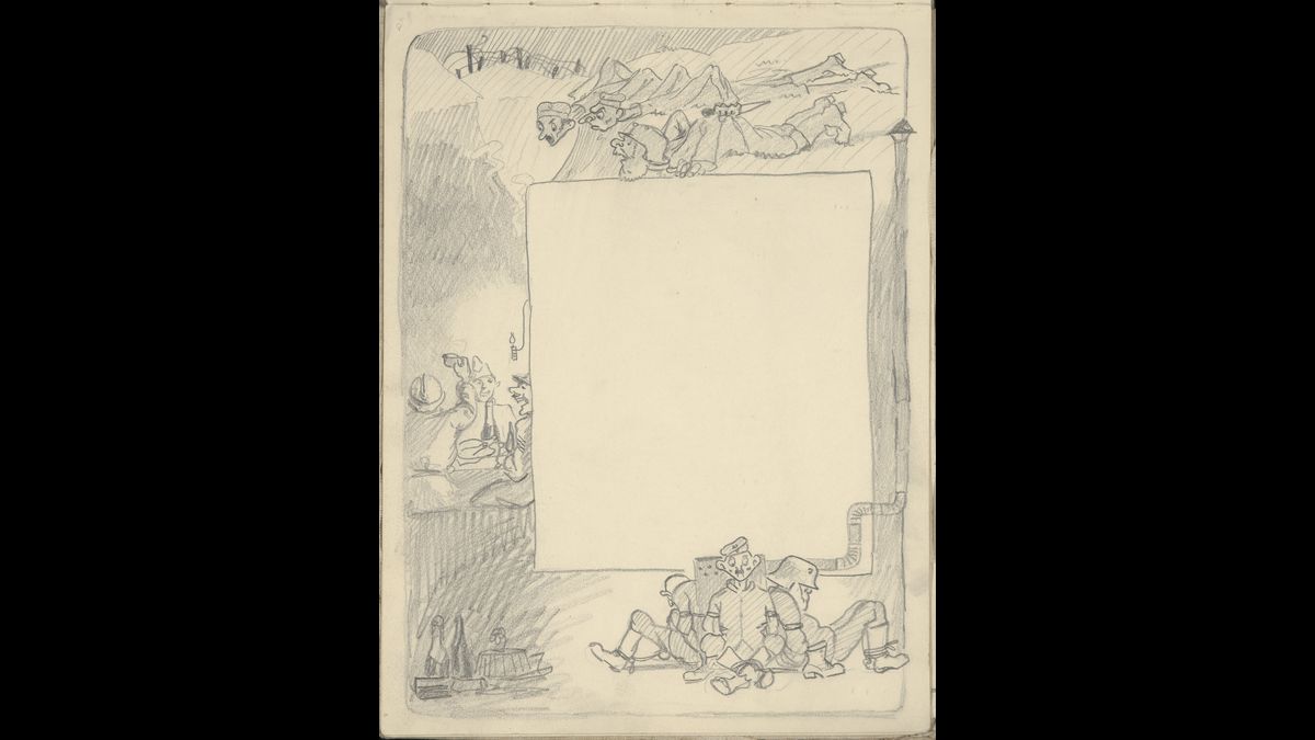 "Noël des tranchées 1917", Carnet de dessins, croquis pour le journal de tranchée Le Gafouilleur, 1916-1917 (C) Paris - Musée de l'Armée, Dist. RMN-Grand Palais / image musée de l'Armée