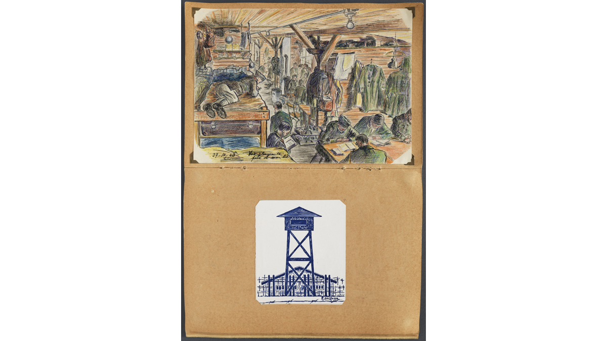 Charles Courtet, Captivité. Camp de Nuremberg, 1940-1941 - Capturé le 24 juin 1940 à Saint-Dié (Vosges), le capitaine Courtet est transféré au camp de Neuf-Brisach en juillet puis à l’Oflag XIII A à Nuremberg jusqu’en avril 1941. Dans ce carnet de dessins, photographies et documents, il livre un aperçu du camp, de son organisation spatiale ainsi que des activités des prisonniers. / Paris, musée de l’Armée, inv. 30300.  Don du général Courtet © Paris - Musée de l'Armée, Dist. RMN-Grand Palais / Philippe Fuzeau