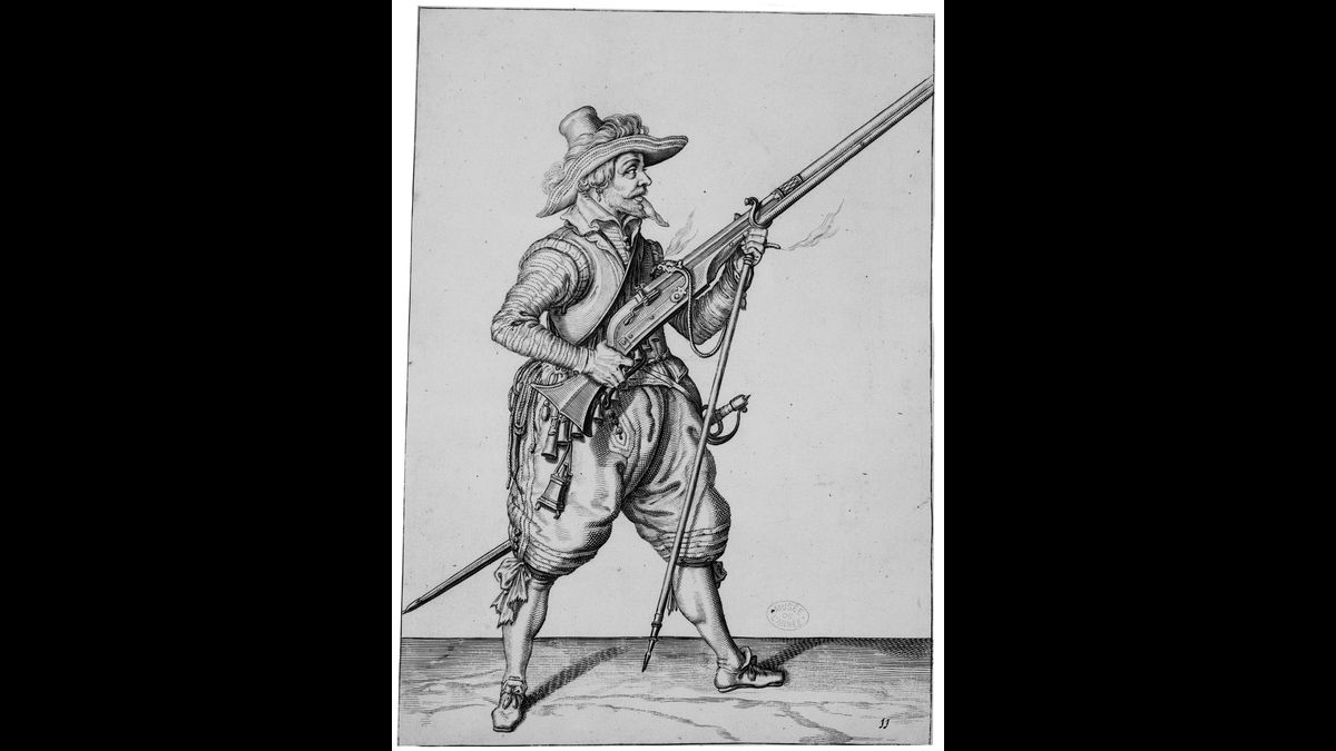 Tenez le Mousquet, et enjouez. Planche 11 de la deuxième partie (Maniement de l'arquebuse) du "Maniement d'Armes d'Arquebuses, Mousquetz et Piques [...]", de Jacob de Gheyn, Amsterdam, Robert de Baudous. (C) Paris - Musée de l'Armée, Dist. RMN-Grand Palais / image musée de l'Armée
