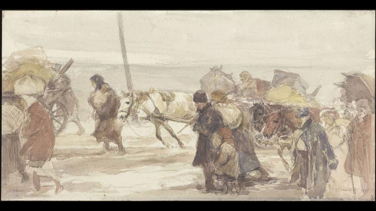 Stoica Dumitrescu (1886-1956). Roumains en exil, 1917. Dessin à l'aquarelle, au crayon noir et à l'encre brune pour la signature sur papier vélin collé en plein sur un carton.Paris, musée de l’Armée, (C) Paris - Musée de l'Armée, Dist. RMN-Grand Palais / image musée de l'Armée