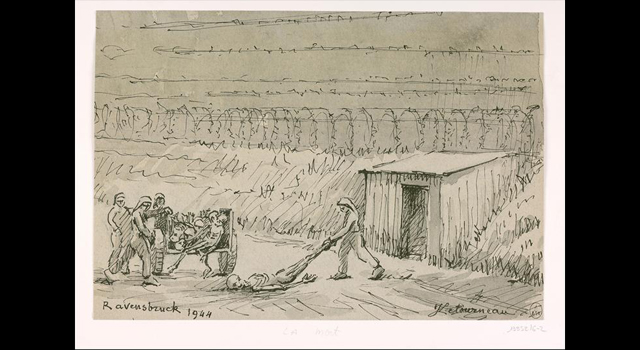 Ravensbrück. La mort. Transport de cadavres dans une cabane.