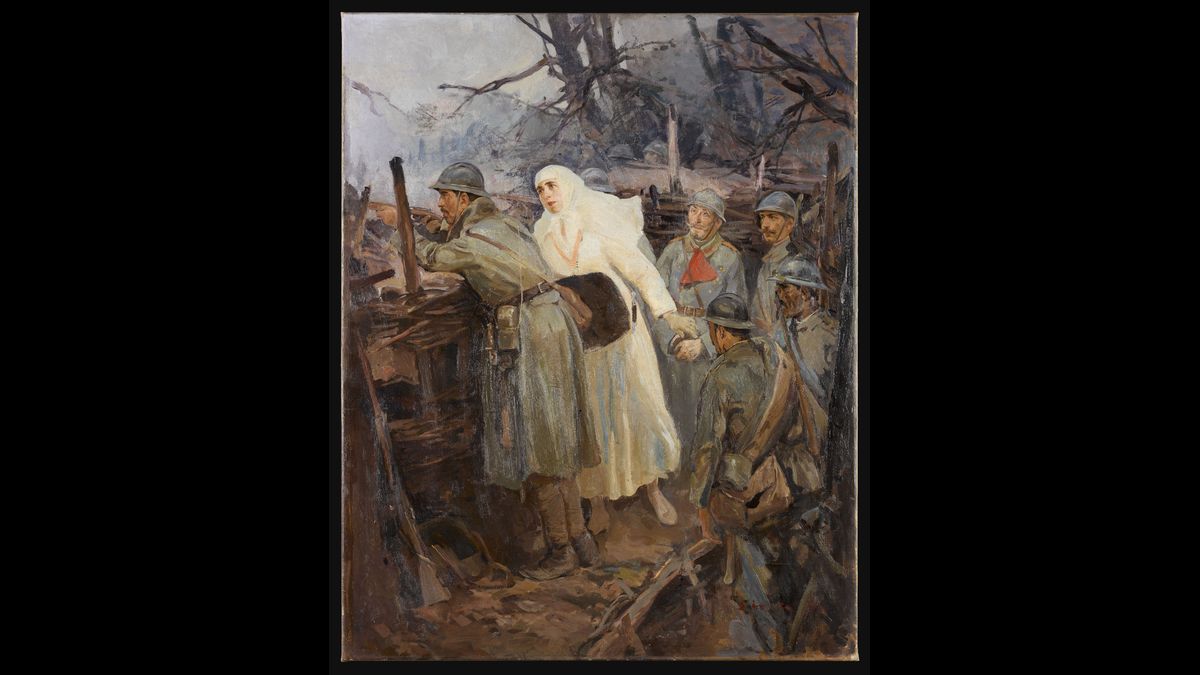 Stoica Dumitrescu (1886-196). La Reine de Roumanie infirmière dans les tranchées regardant un tireur aux créneaux. Huile sur toile. Paris, musée de l’Armée (C) Paris - Musée de l'Armée, Dist. RMN-Grand Palais / Pierre-Luc Baron-Moreau