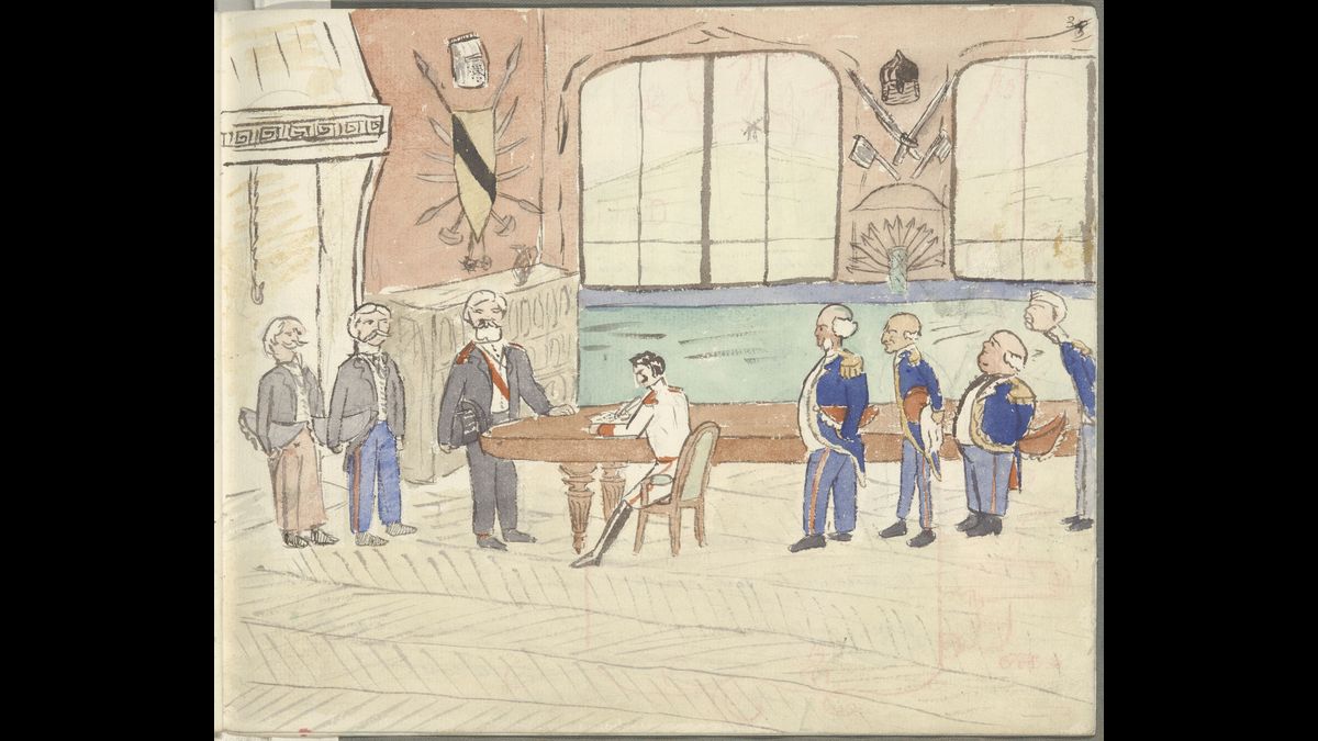 Pierre Baudry et Lucien Sinard, « La signature du traité de paix », La guerre franco-allemande en l’an 1920, 1909-1910 (C) Paris - Musée de l'Armée, Dist. RMN-Grand Palais / image musée de l'Armée