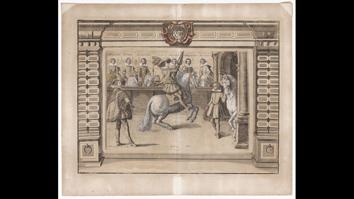 "Le roi à la fin de sa course à la bague" extrait de "l'Instruction du Roy en l'exercice de monter à cheval", par Antoine de Pluvinel (C) Paris - Musée de l'Armée, Dist. RMN-Grand Palais / Emilie Cambier