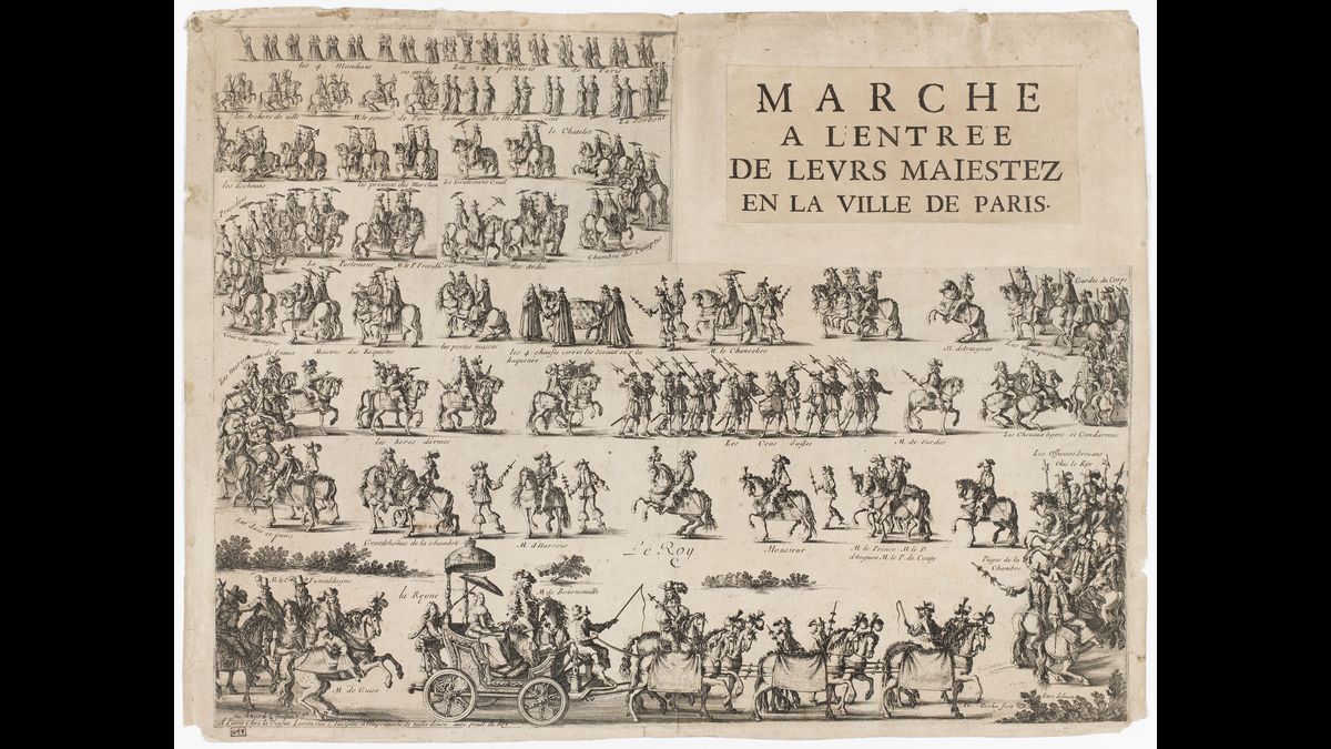 Nicolas Cochin, "Détail de la marche à l’entrée de leurs Majestez en la ville de Paris", feuille d’Almanach évoquant l’entrée de Louis XIV et de Marie-Thérèse à Paris après leur mariage en 1660.  (C) Paris - Musée de l'Armée, Dist. RMN-Grand Palais / Emilie Cambier