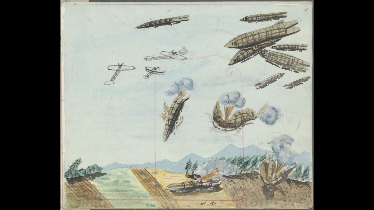 Pierre Baudry et Lucien Sinard « Combats entre les zeppelins et les aéros français », La guerre franco-allemande en l’an 1920, 1909-1910 (C) Paris - Musée de l'Armée, Dist. RMN-Grand Palais / image musée de l'Armée