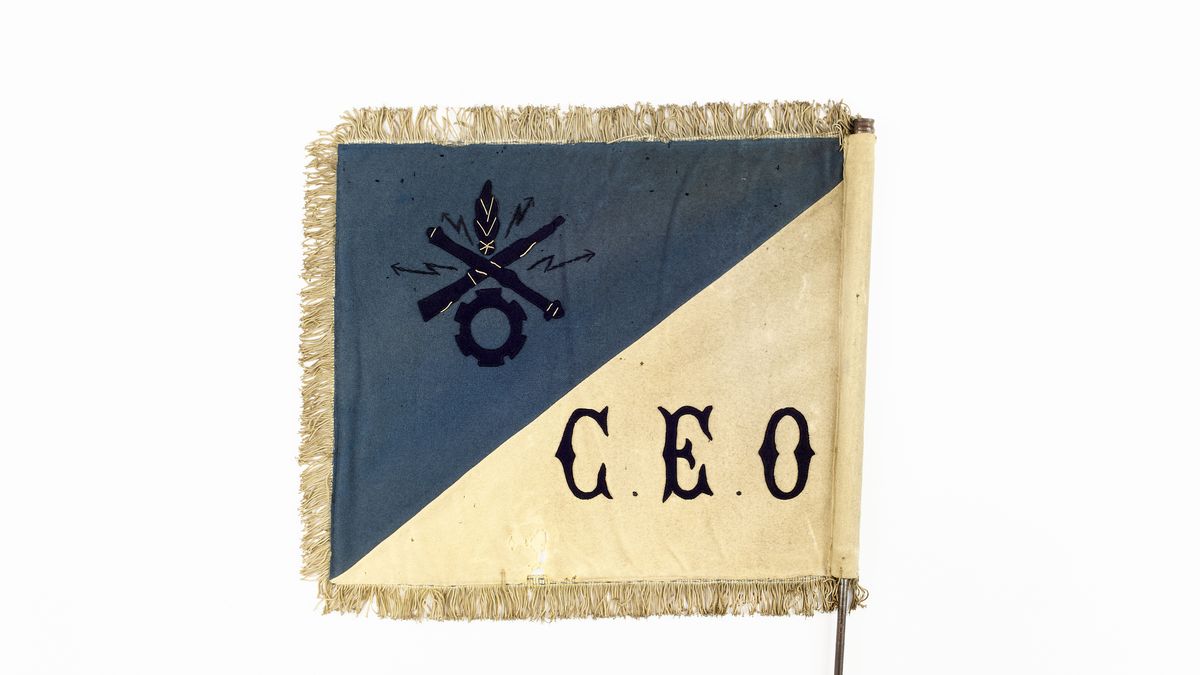 Fanion du 72e bataillon alpin de forteresse (BAF)  - Le 72e BAF est formé à partir du 159e régiment d’infanterie alpine en 1935. La 5e compagnie d’équipage d’ouvrages (CEO), à qui appartient ce fanion, est une unité interarmes qui occupe les ouvrages fortifiés de la ligne Maginot de Briançon. Elle défend victorieusement tout le secteur en juin 1940. / Remis au musée de l’Armée par  le colonel (ER) Michel Truttmann © Paris - Musée de l'Armée, Dist. RMN-Grand Palais / Anne-Sylvaine Marre-Noël