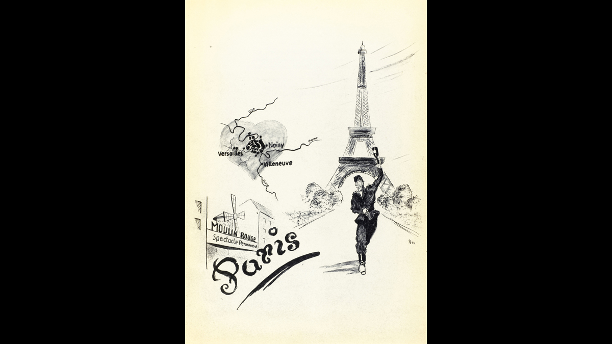 Journal de marche illustré  - Alimenté entre 1940 et 1943 par l’Oberleutnant Pause du 9e régiment de DCA (défense contre aéronefs) de la Légion Condor, force aérienne formée de six mille volontaires issus d’effectifs de la Luftwaffe. Elle combat aux côtés des franquistes et bombarde la ville de Guernica le 26 avril 1937, participe à la campagne de France, et après l’armistice, le régiment visite Paris avant de repartir à Berlin./ Paris, musée de l’Armée, inv. 2001.35.1 © Paris - Musée de l'Armée, Dist. RMN-Grand Palais / Anne-Sylvaine Marre-Noël